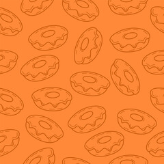 Hand drawn donut background. Seamless pattern melted doodle donut wallpaper. Packaging, banner, poster, menu, bakery. Vector illustration