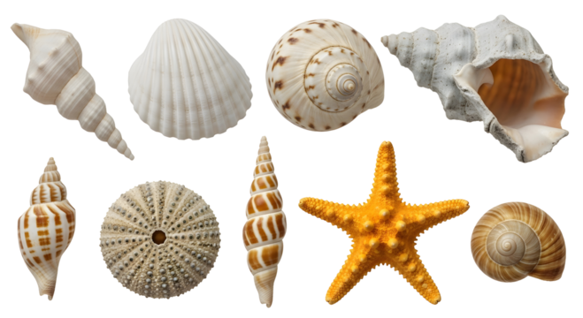 Realistic 3D collection of sea shells and starfish with detailed textures on transparent background for beach or ocean-themed designs