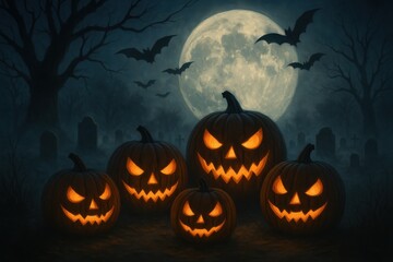 Spooky Halloween scene with carved pumpkins and flying bats against moonlit night sky background
