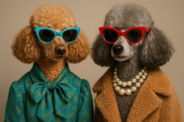 Stylish poodles wearing designer sunglasses and colorful accessories in professional studio photography