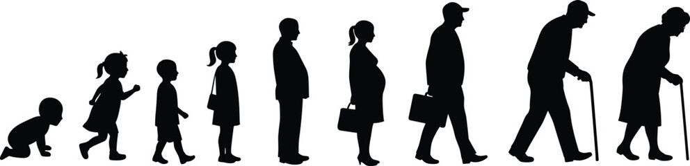 Human life cycle silhouette illustration, growth from infant to elderly, aging transformation, life journey, educational concept, black vector design