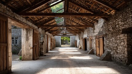 Interior of Stone Building with Wooden Roof and Doorways