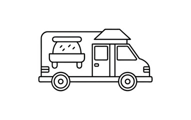 Simple line art drawing of a food truck with serving window