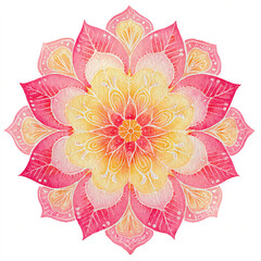 A single watercolor gentle Mandala style floral pattern in light pink and yellow