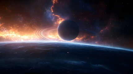 An enormous ringed planet with auroras dancing in its upper atmosphere.