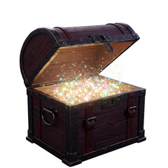 Open Treasure Chest with Sparkling Gems 3d rendered, isolated on transparent background