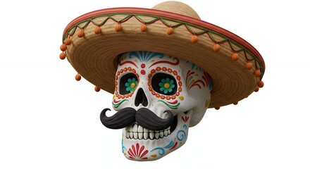 Day of the dead skull decorated with sombrero