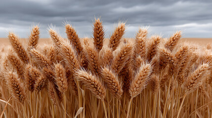 Golden Wheat Field Under Cloudy Skies: The wheat field is ready for harvest, and its golden hues create a beautiful contrast against the grey and cloudy sky above.