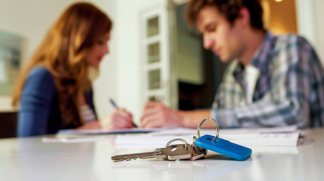 Young couple buying or renting home for the first time. Blurred family man and woman signing loan application or agreement with house keys on the table. First-time buyer mortgage concept