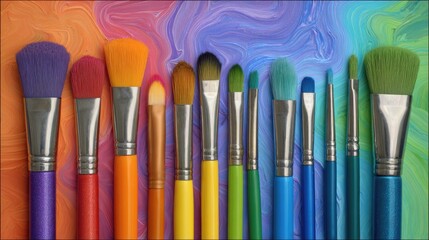 Colorful sponges and brushes create a vibrant painting atmosphere with whimsical rainbow touches on a creative workspace