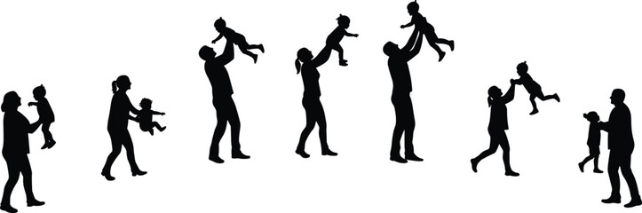 Obraz premium Silhouette of family playing together, joyful childhood moment, outdoor bonding scene, parenting love, happy kids, black vector illustration design