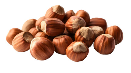 Fototapeta premium Close-up pile of shelled hazelnuts, isolated on a white background, still life