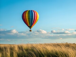 Obraz premium Colorful Hot Air Balloon Soaring Over Golden Wheat Field Under a Blue Sky