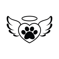 Black Paw Print Heart With Wings And Halo Icon animal