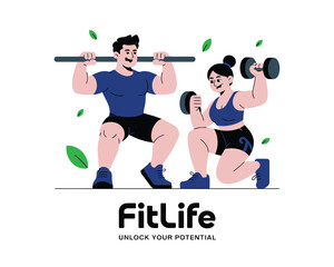 Cartoon Fitness Vector with Man and Woman Exercising in Minimalist Style  