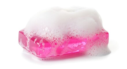 Pink soap bar with rich lather on white background