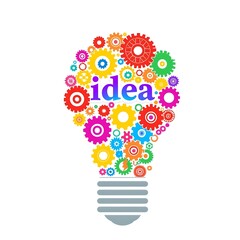 Colorful Gear Light Bulb Illustration with Idea Text Creative Innovation Concept Art