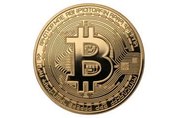 Golden bitcoin coin isolated on transparent background