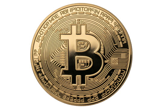 Golden bitcoin coin isolated on transparent background - Powered by Adobe