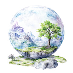 Glass globe with detailed nature scene including mountain landscape lush tree and grassy terrain
