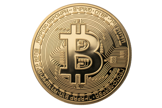 Golden bitcoin coin isolated on transparent background