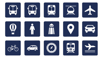 Collection of transportation icons including bus train airplane helicopter car and bicycle
