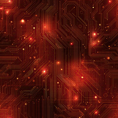 Seamless Macro Texture of Red PCB with Copper Traces and Electronic Components