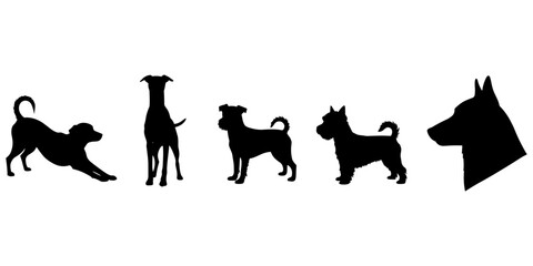 Silhouette of obedient dogs sitting, raising paw, pet training illustration, animal behavior graphic, canine obedience, black vector art design
