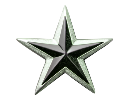 A sleek, modern star with silver and black metallic finishes isolated on white isolated on transparent background