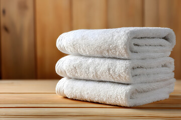 neatly stacked pile of three white towels folded with precision placed on light wooden surface
