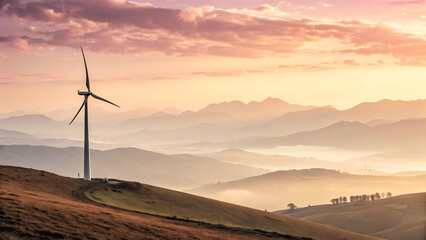 Obraz premium A wind turbine stands tall on a hilltop at sunset, generating clean energy against a backdrop of misty mountains