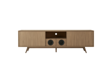 Wooden media console with fluted doors isolated on transparent background