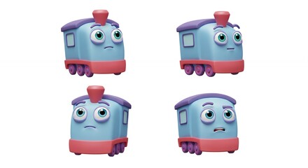 Four cartoon train toy figures expressions