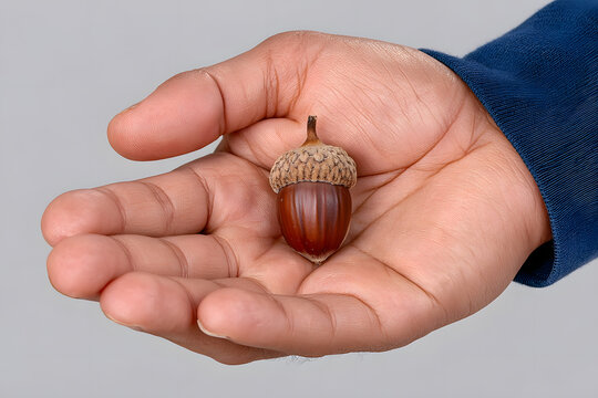 Acorn held in hand: A close-up shot reveals a single acorn nestled perfectly within the gentle curve of a hand, symbolizing growth and the potential of new beginnings.