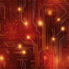Seamless Macro Texture of Red PCB with Copper Traces and Electronic Components