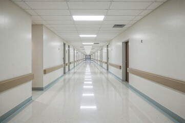 Fototapeta premium White symmetrical hospital hallway with tile floor and bright overhead lighting, empty facility corridor for medical service concept