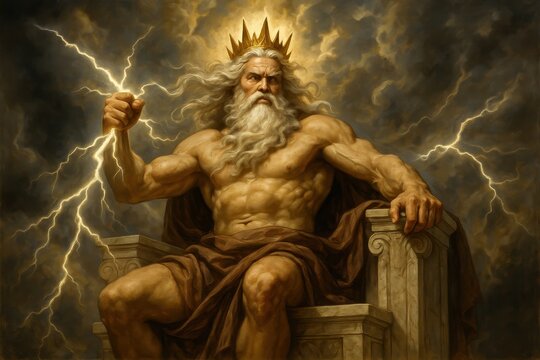 Mighty Zeus wielding lightning bolts atop Mount Olympus with stormy clouds