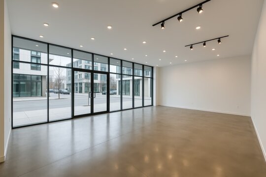 Modern empty retail storefront with floor-to-ceiling windows and sleek interior design