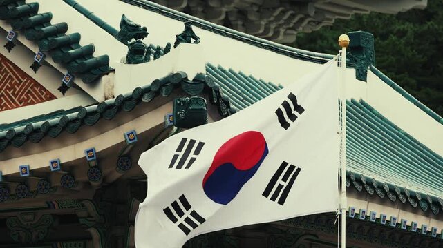 South Korea National flag fly at Cheong Wa Dae (Blue House) as the former presidential residence and diplomatic reception halls of South Korea.