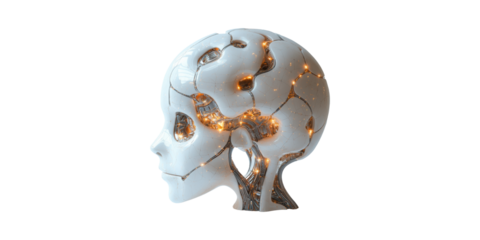 Futuristic Robotic Head With Illuminated Brain. Concept Of Artificial Intelligence And Technology Isolated On Transparent Background