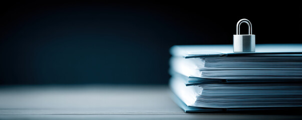 Stack of blue folders secured with silver padlock on wooden table in dark room