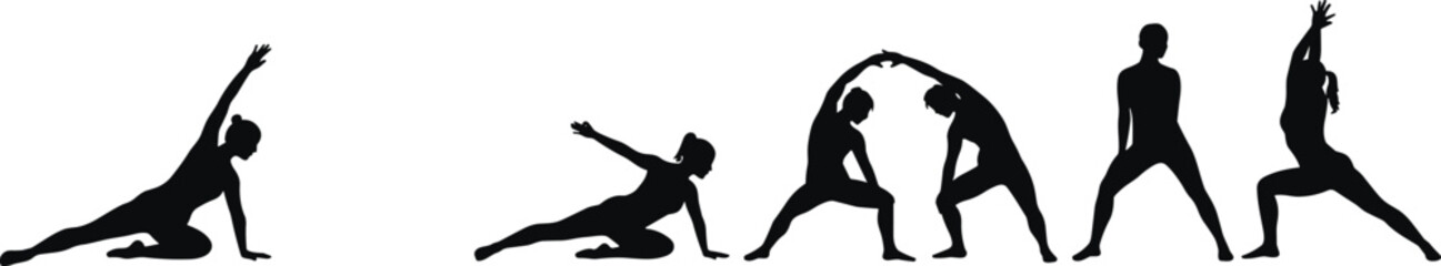 Yoga silhouette poses for group fitness, stretching, balance, dynamic movement, wellness training, flexibility routine, health, black vector illustration