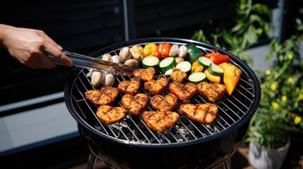 Hands using tongs to turn heart-shaped grilled chicken on a modern barbecue with vegetables in a shaded backyard during a summer gathering