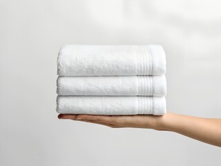 Obraz premium A Hand Holding a Stack of Three Soft White Bath Towels Against a White Background