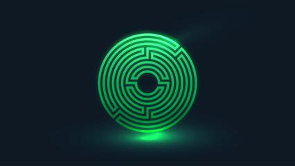 Complex geometric shapes of the circular labyrinth glow neon green on a dark black background, creating a futuristic, mysterious and high-tech feel.