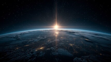 Earth From Space with Sunset and Starry Sky