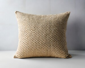 Beige Woven Square Pillow on White Surface Against Neutral Background
