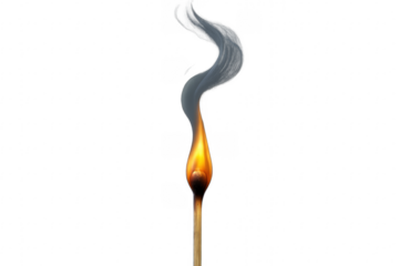 Burning match with smoke on transparent background