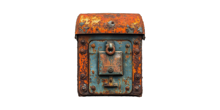 Rustic Vintage Metal Mailbox With Weathered Patina. Nostalgic Charm And Historical Appeal Isolated On Transparent Background