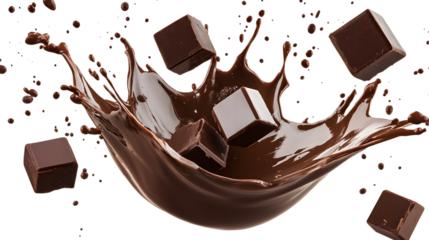 Dark chocolate pieces plunging into a rich, creamy splash, isolated on a white background.